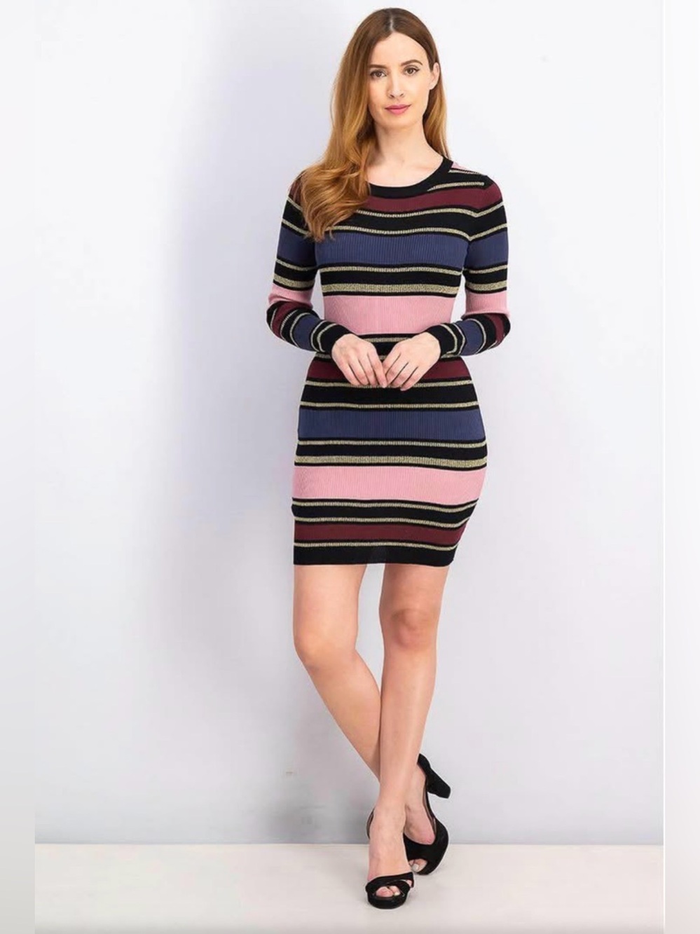 Planet Gold Striped Long-Sleeve Ribbed Knit Dress in Pink, Blue, Black & Gold